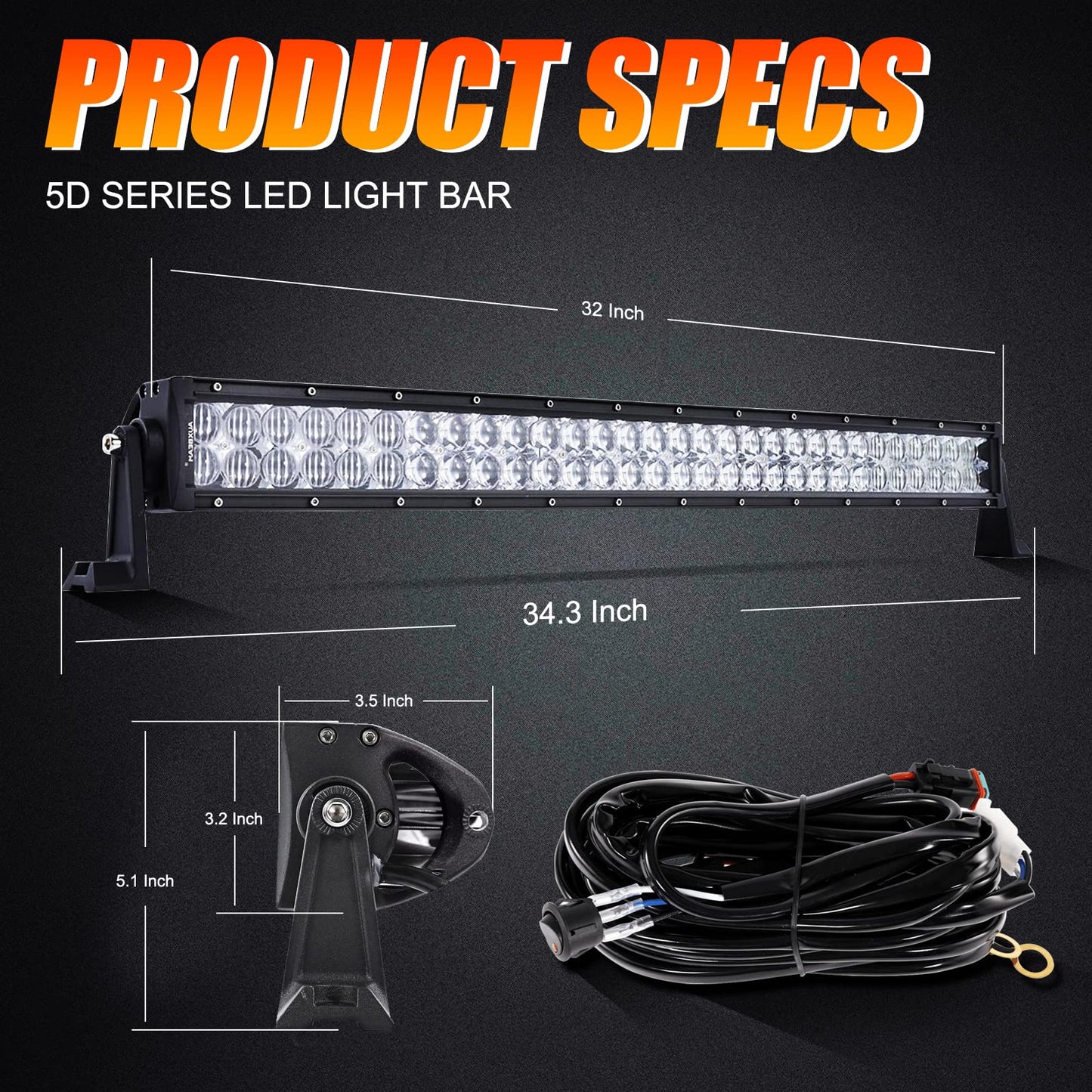 5D SERIES 22 INCH/32 INCH/42 INCH/50 INCH/52 INCH COMBO BEAM STRAIGHT DOUBLE ROW LED LIGHT BAR