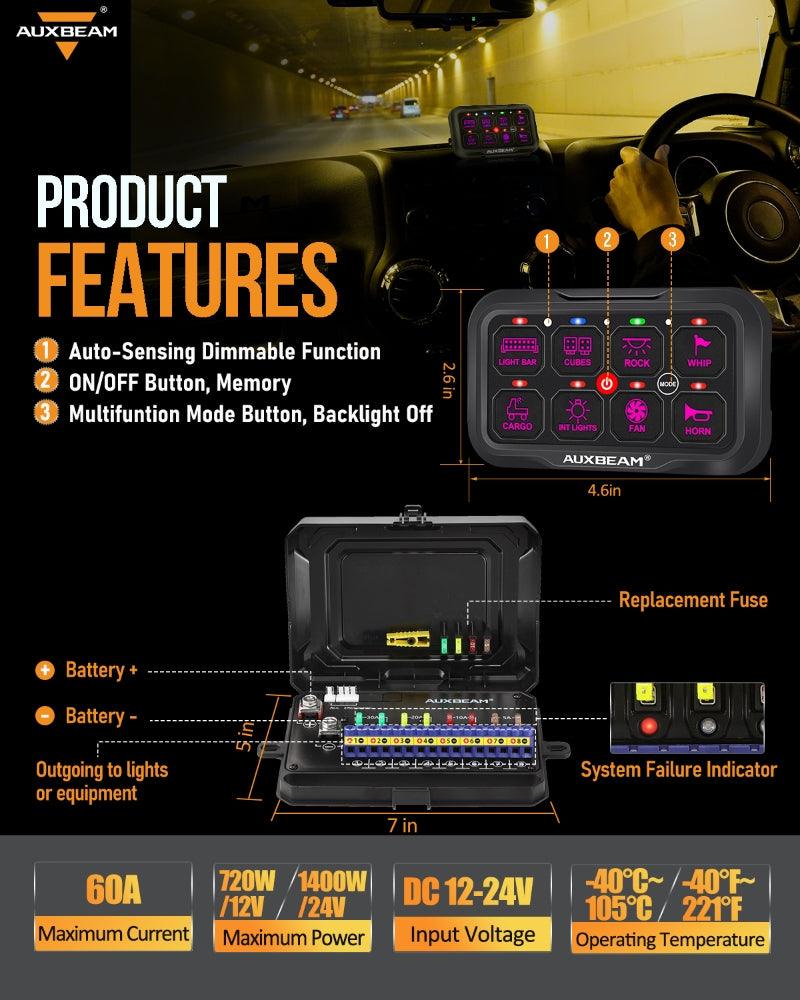 RGB switch panel with toggle mode for LED light and light bar switch functionality