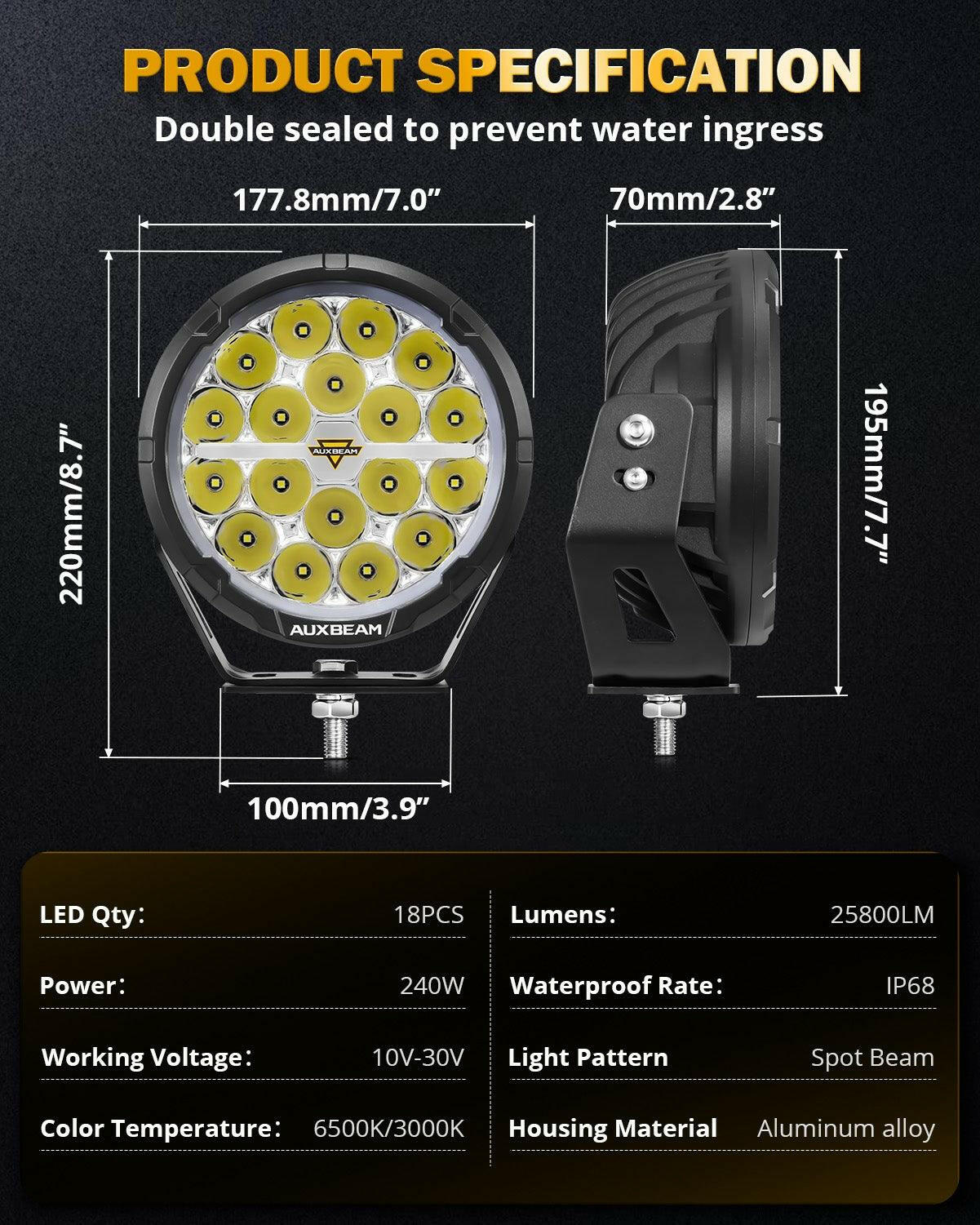 AUXBEAM RAY-L SERIES | 7 INCH 240W 25800LM DUAL DRL OFFROAD LED DRIVING LIGHTS.