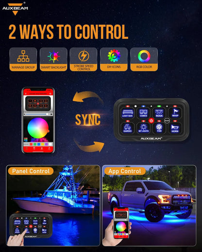 RGB switch panel with toggle mode for LED light and light bar switch functionality