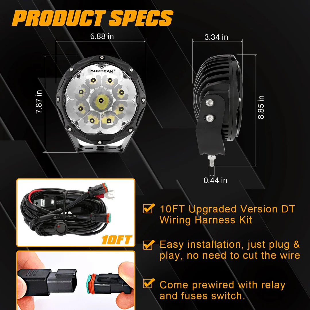 Auxbeam 7" Round Driving Lights LED Off Road Lights 9000LM 90W (Pack Of 2)