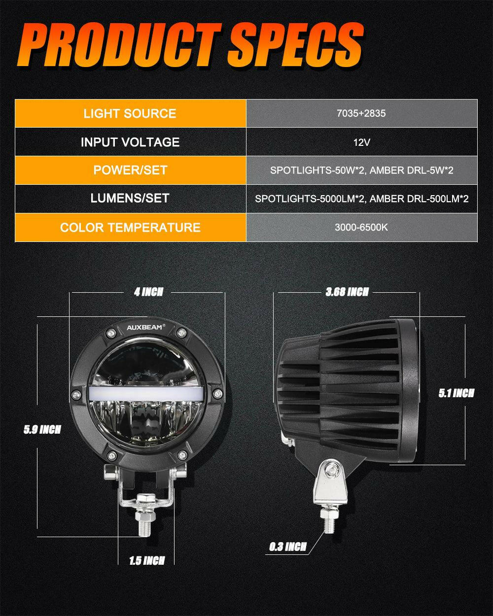 AUXBEAM 4 INCH 110W 11000LM LED PODS OFFROAD LED DRIVING LIGHTS WITH AMBER DRL.