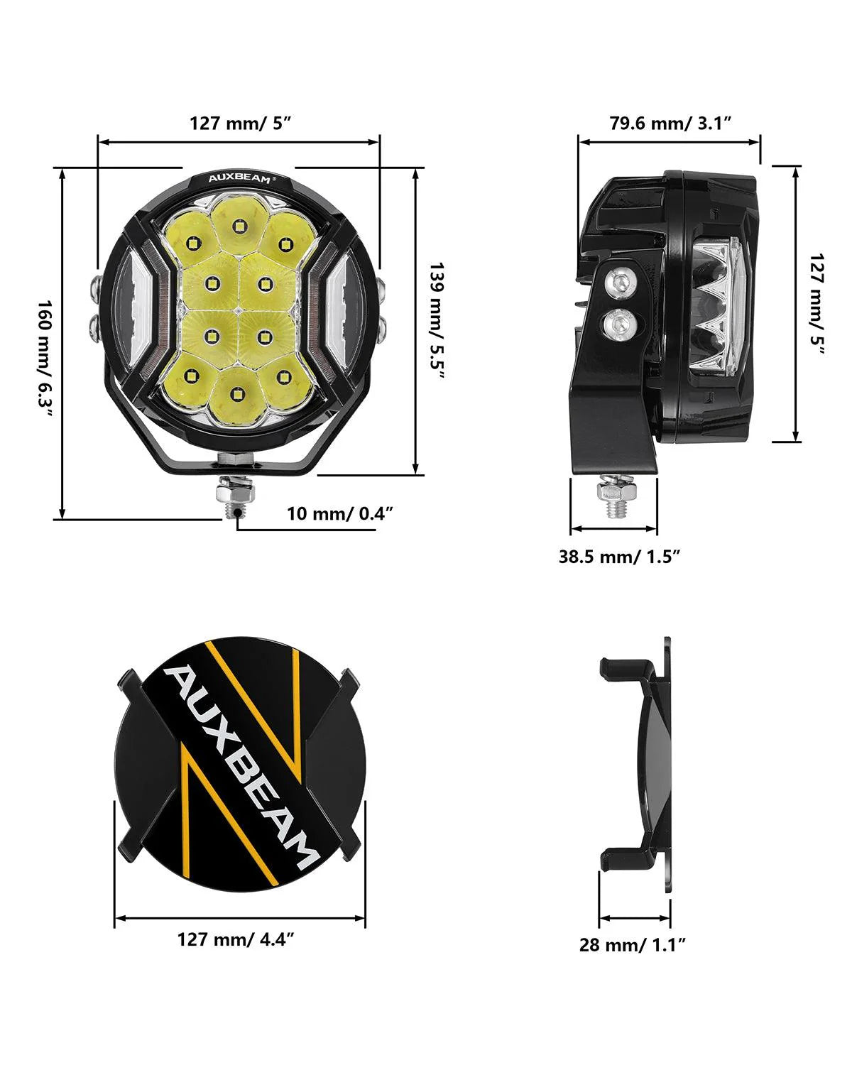 Auxbeam V-ULTRA 5" LED Pod Lights 172W Side Shooter White Amber DRL Driving