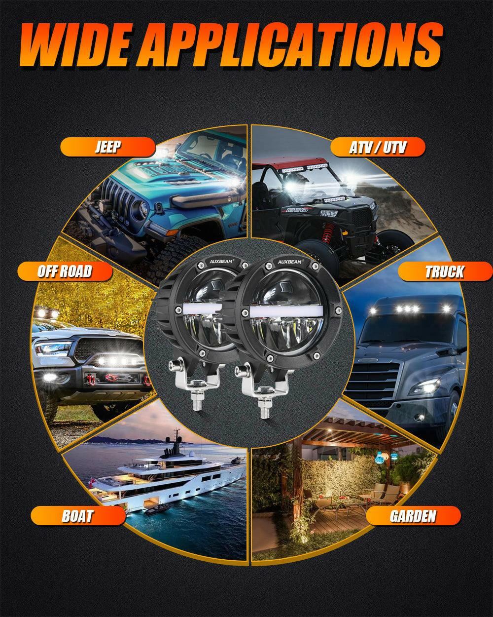 AUXBEAM 4 INCH 110W 11000LM LED PODS OFFROAD LED DRIVING LIGHTS WITH AMBER DRL.