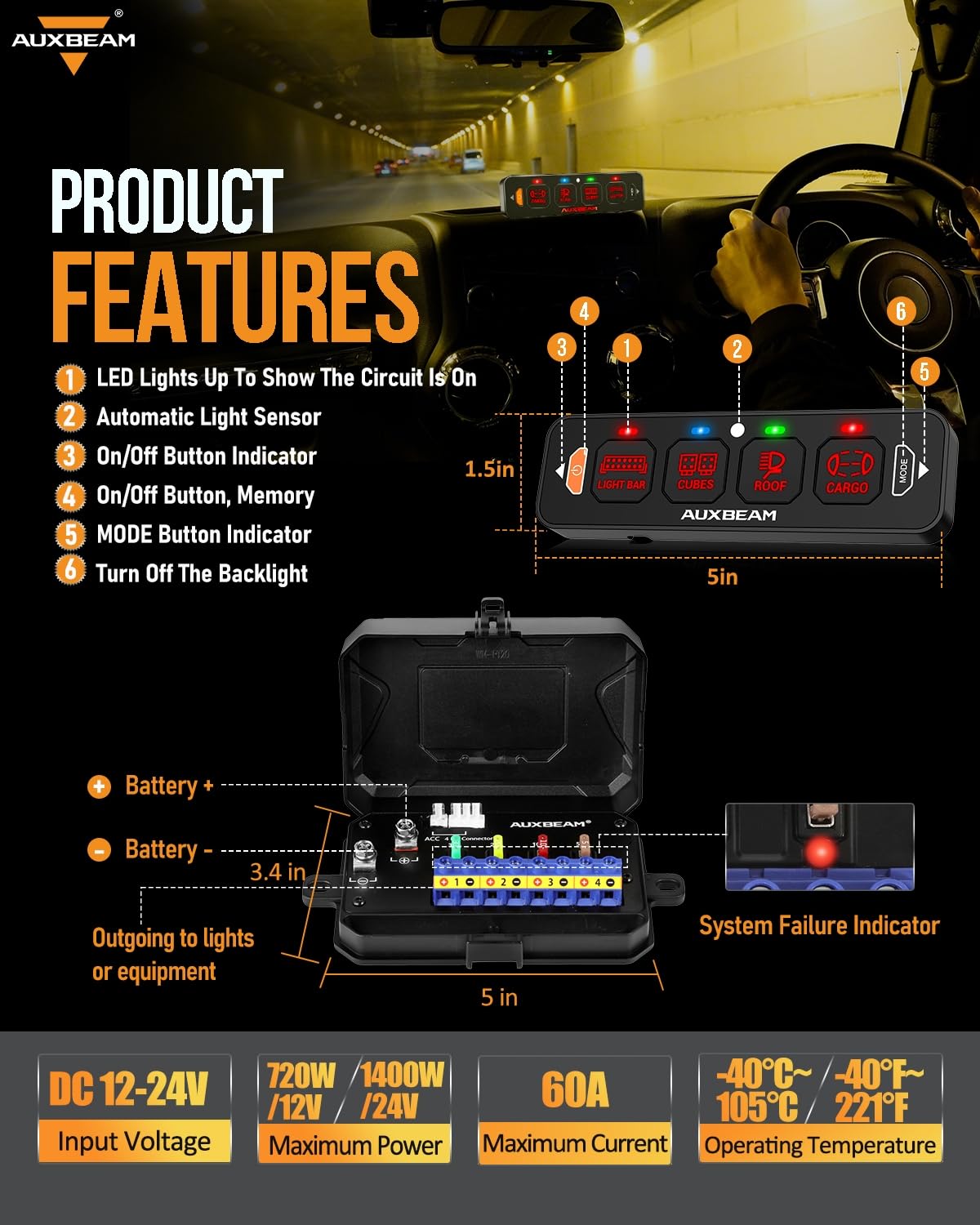 AS-R40/60/80 RGB SLIM SWITCH PANEL TOGGLE/ MOMENTARY/ PULSED MODE SUPPORTED(ONE-SIDED OUTLET)