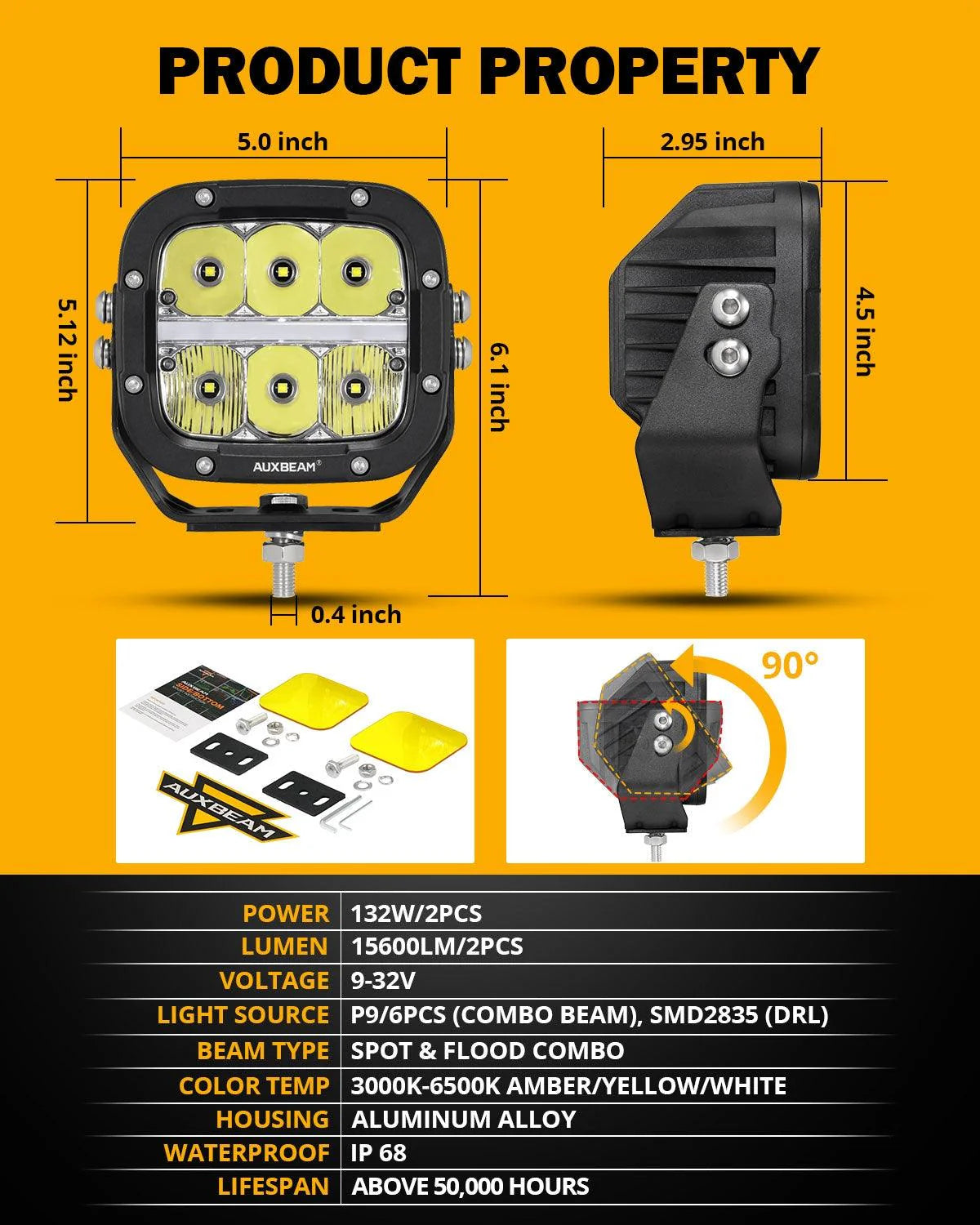 Auxbeam 5" XP-Ultra Series LED Offroad Light With Amber DRL 132W 15600LM (2 Pcs).