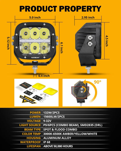 Auxbeam 5" XP-Ultra Series LED Offroad Light With Amber DRL 132W 15600LM (2 Pcs).