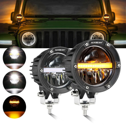 AUXBEAM 4 INCH 110W 11000LM LED PODS OFFROAD LED DRIVING LIGHTS WITH AMBER DRL.
