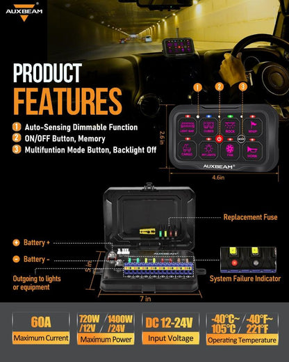 RGB switch panel with toggle mode for LED light and light bar switch functionality